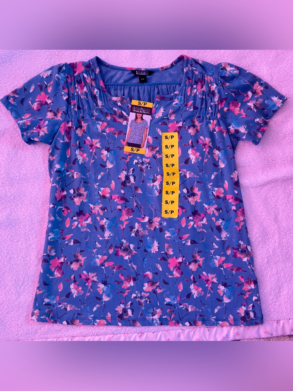 Blue Floral Short-Sleeve Women's Top